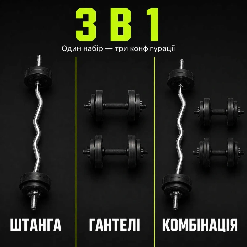 Набір штанга + гантелі 36 кг | W-гриф 120 см + 2 гантельні грифи 45 см | Силовий набір 3-в-1 для дому — фото 3