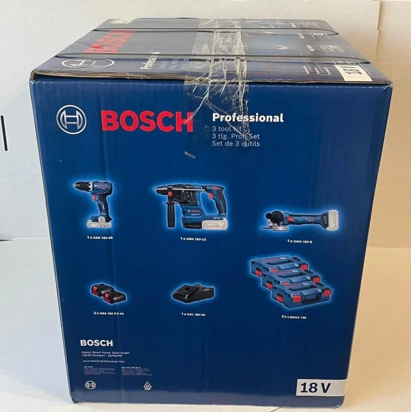 Набор аккумуляторного инструмента Bosch Professional: шуруповерт GSR 18V-65+перфоратор GBH 18V-22+УШМ GWS 18V-8+2хGBA 18V5.0Ah+GAL 18V-40+3хL-BOXX 136 — фото 3