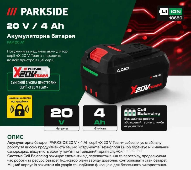 Новий оригінал  Акумулятор PARKSIDE 20V 4Ah Li-Ion X20V Team — PAP 204 A1 — фото 3