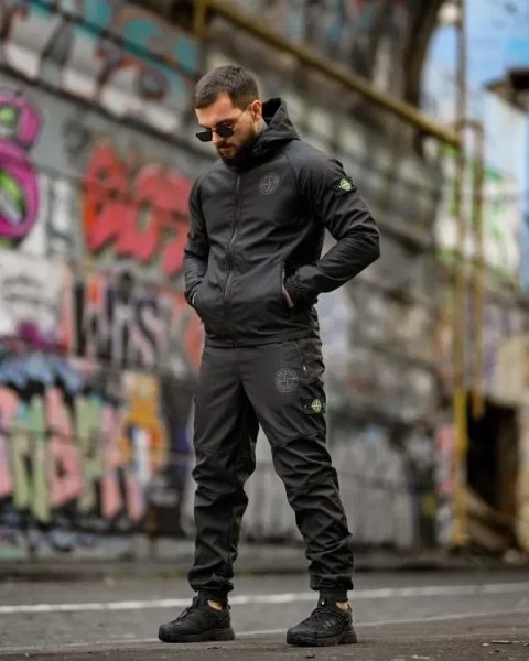 Осінь - зима костюм Stone Island grot 4 / чорний Softshell чоловічий костюм зима осінь на флісовій підкладці теплий / софтшел Stone Island чорний