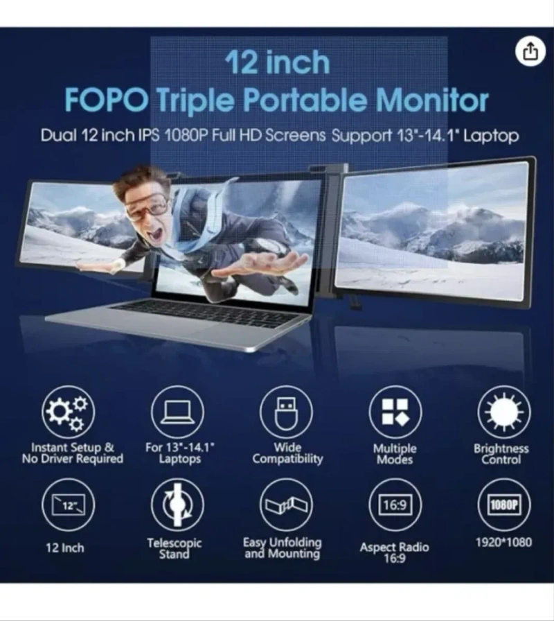 Портативний монітор FOPO 13" Triple Portable Monitor 1080P FHD IPS — фото 2