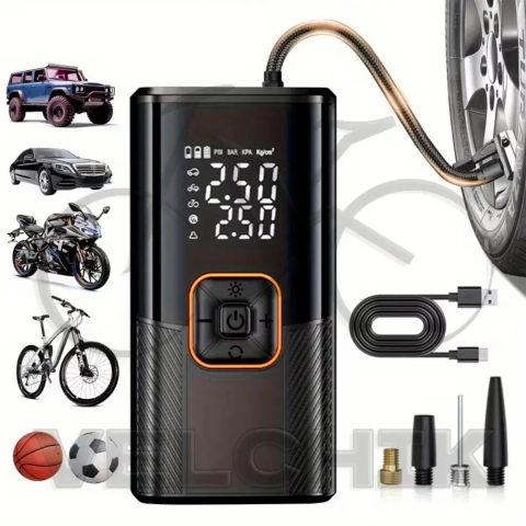 Портативний насос 150psi з цифровим манометром, led ліхтарем та usb акумулятором. Автомобільний, велосипедний насос. Компресор
