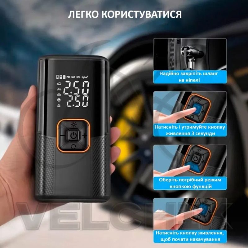 Портативний насос 150psi з цифровим манометром, led ліхтарем та usb акумулятором. Автомобільний, велосипедний насос. Компресор — фото 2