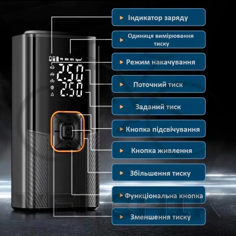 Портативний насос 150psi з цифровим манометром, led ліхтарем та usb акумулятором. Автомобільний, велосипедний насос. Компресор — фото 4