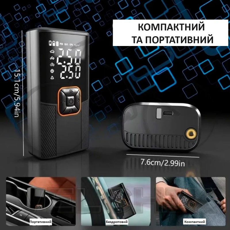 Портативний насос 150psi з цифровим манометром, led ліхтарем та usb акумулятором. Автомобільний, велосипедний насос. Компресор — фото 5