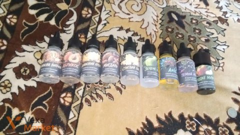 Рідини для вейпу "Вишневий цвіт", "Абрикос", "Ванільний крем", "Мигдаль", "Стиглий банан", "Зелене яблуко", "Аніс", "Темна ягода", "Солодке яблуко"