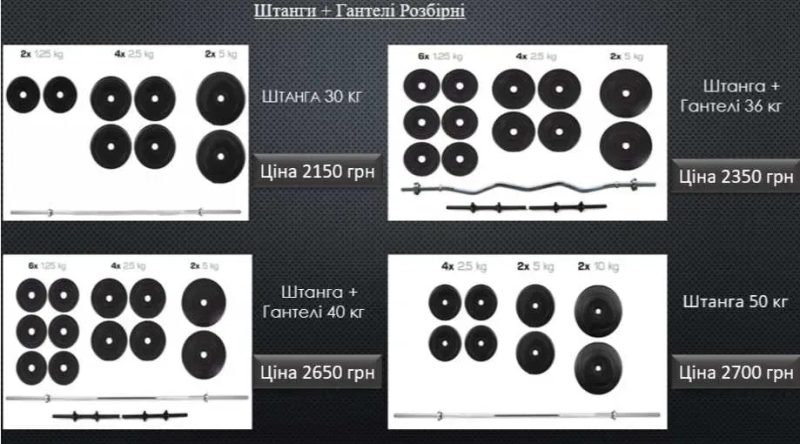 Штанга + гантелі 128 кг комплект — розбірний силовий набір | Гриф прямий 180 см + гриф гнутий 120 см + гантели комплект — фото 2
