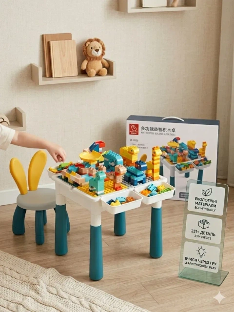 Столик лего з конструктором + стілець,231 елемент конструктора, типу lego duplo, розвиваючий столик