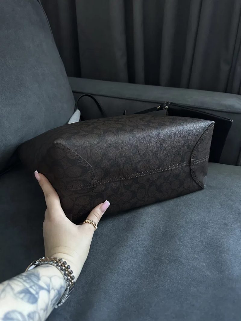 Сумка шопер Coach чорний , шоколад , шкіра та канва з гаманцем — фото 7