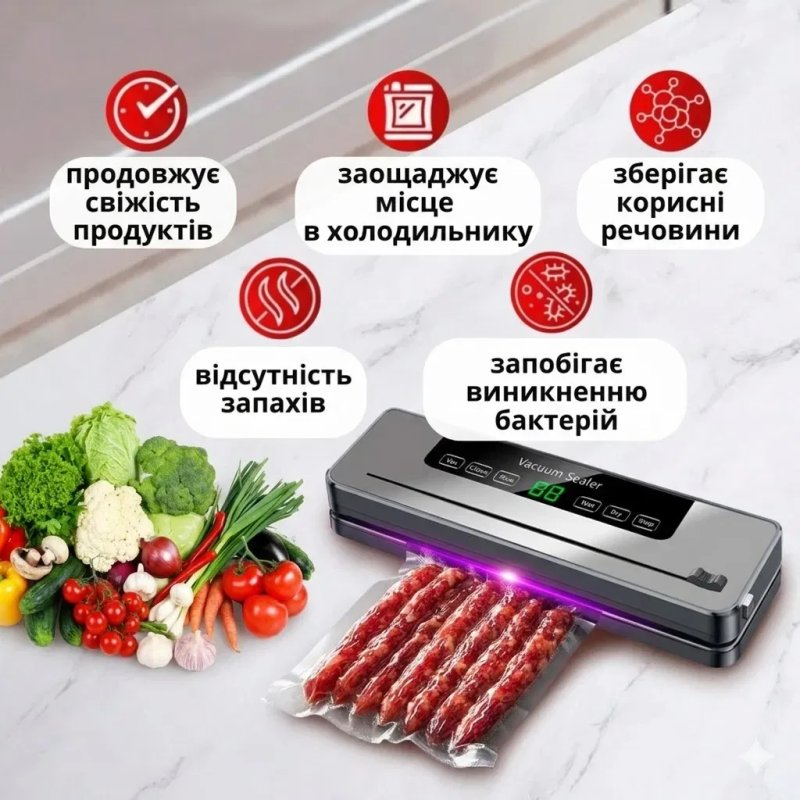 Вакуумний пакувальник, вакуматор, LED-дисплей, різак, 65 кПа, Для сухих/вологих продуктів — фото 2