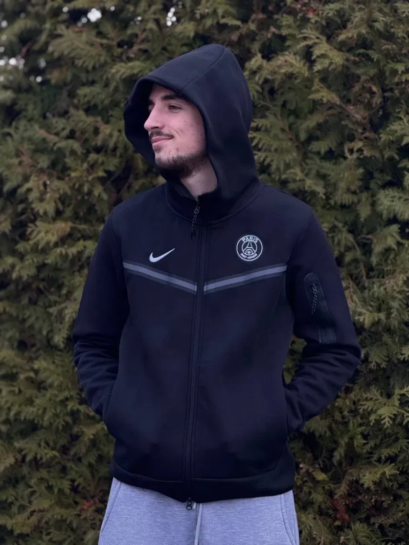 Зіп-худі Nike Tech Fleece PSG мужская Зипка Найк Теч Флис черная | Зипка черная Найк Псж мужская серая зип-худи Nike Tech Fleece черная мужская — фото 2