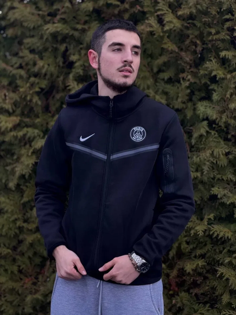 Зіп-худі Nike Tech Fleece PSG мужская Зипка Найк Теч Флис черная | Зипка черная Найк Псж мужская серая зип-худи Nike Tech Fleece черная мужская — фото 3