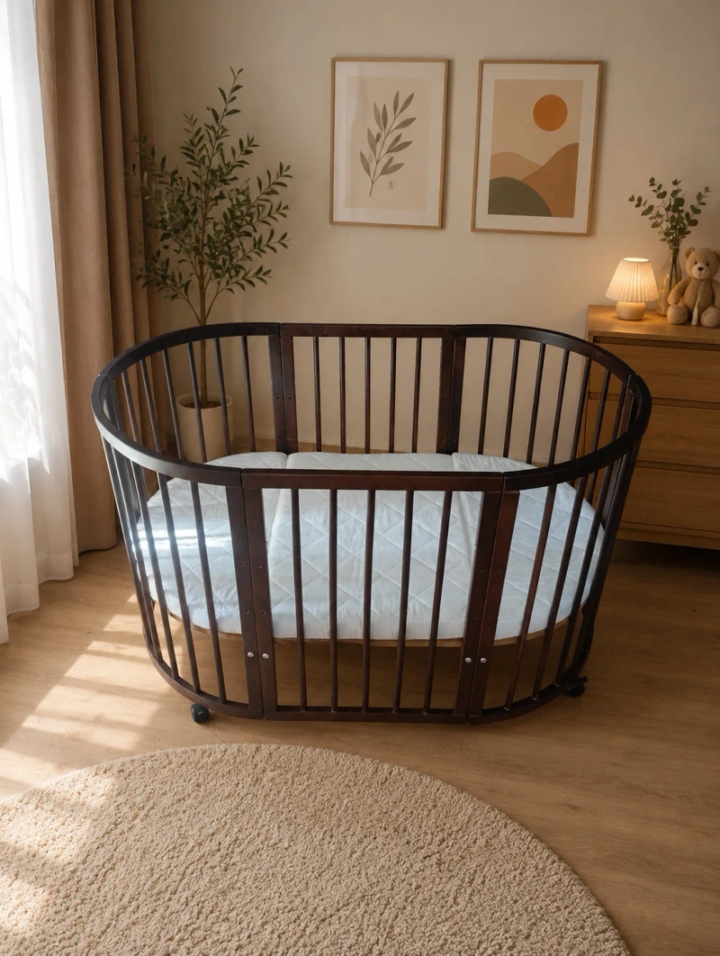 Круглая детская кроватка-трансформер из дерева