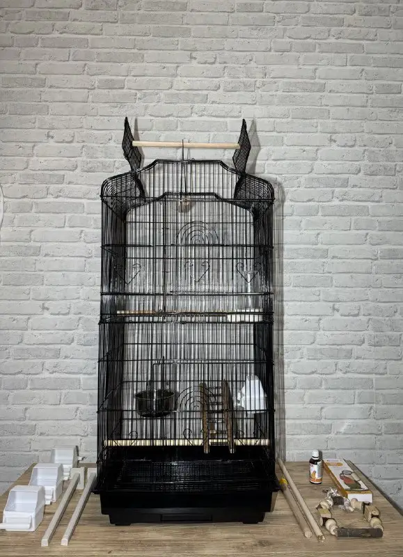 Клітка-вольєр для птахів 48×38×118 см Чорна з аксесуарами