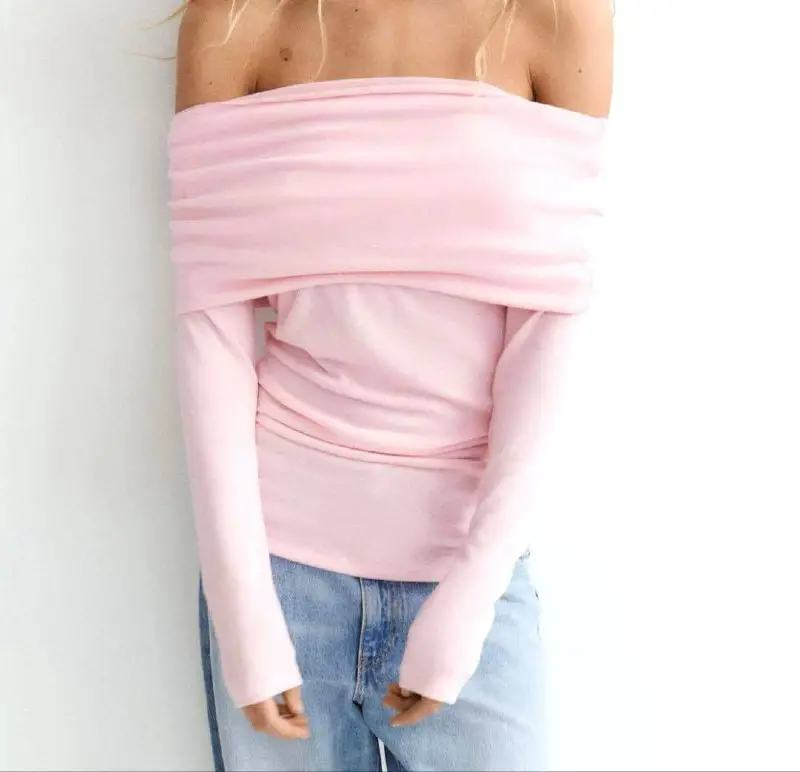 Ніжно-рожевий топ Zara з відкритими плечима та драпірованим коміром, розмір S-M