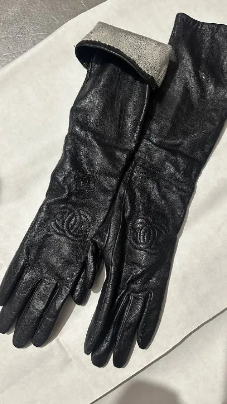 Шкіряні довгі рукавички Chanel утеплені чорні